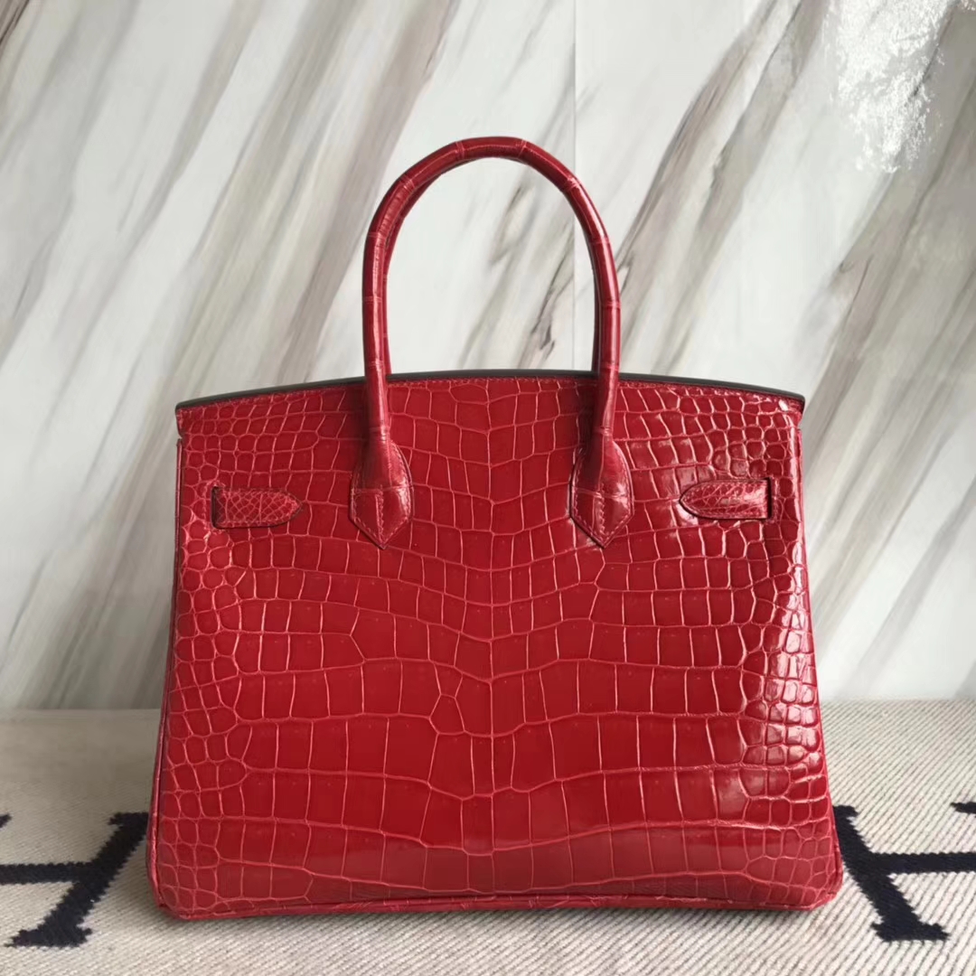 広州バッグ卸売エルメスエルメスCK95フェラーリレッドシャイニークロコダイルレザープラチナバッグBirkin30CMゴールドバックル