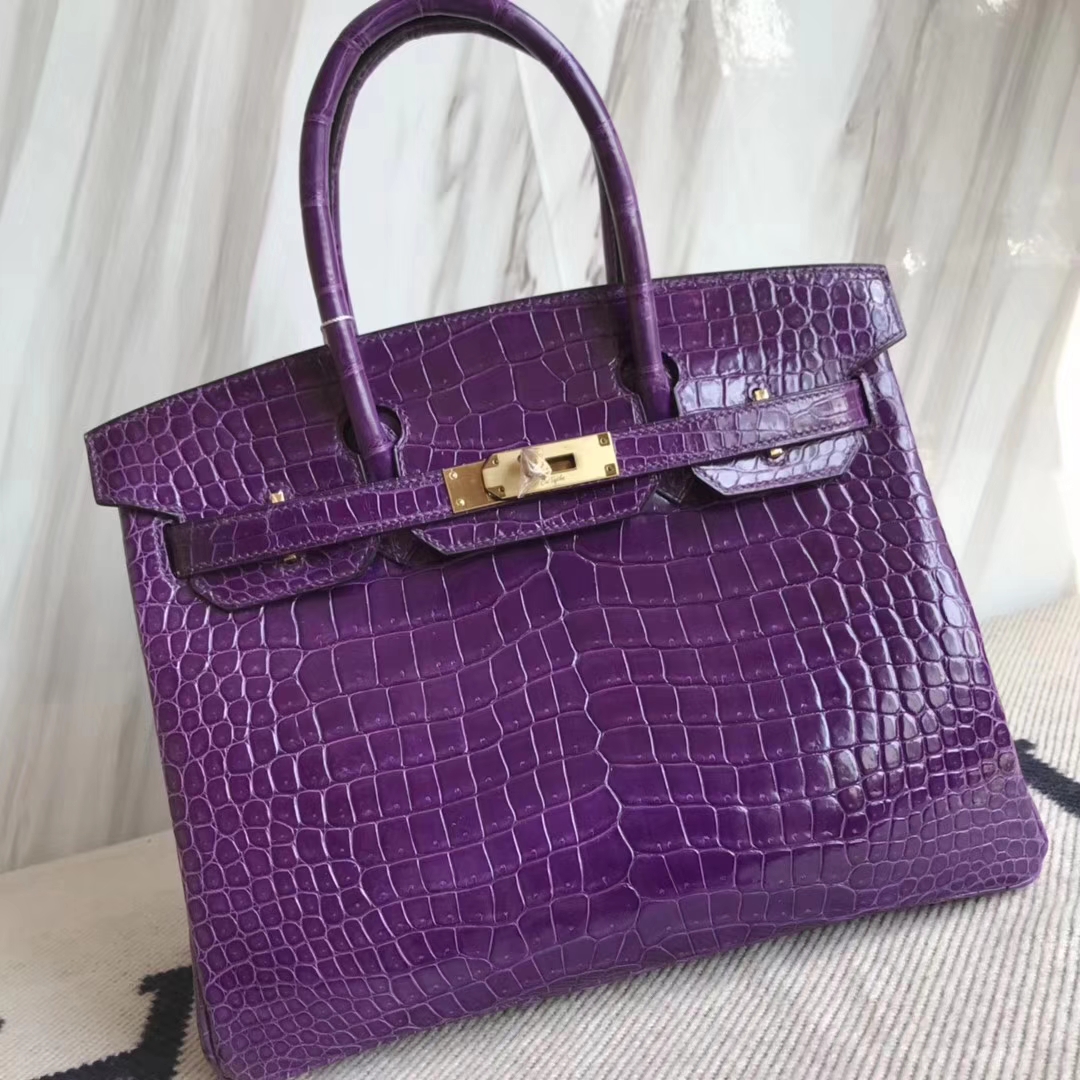 エルメスバーキンレディースバッグエルメスグレープパープルシャイニークロコダイルレザープラチナバッグBirkin30CMゴールドバックル