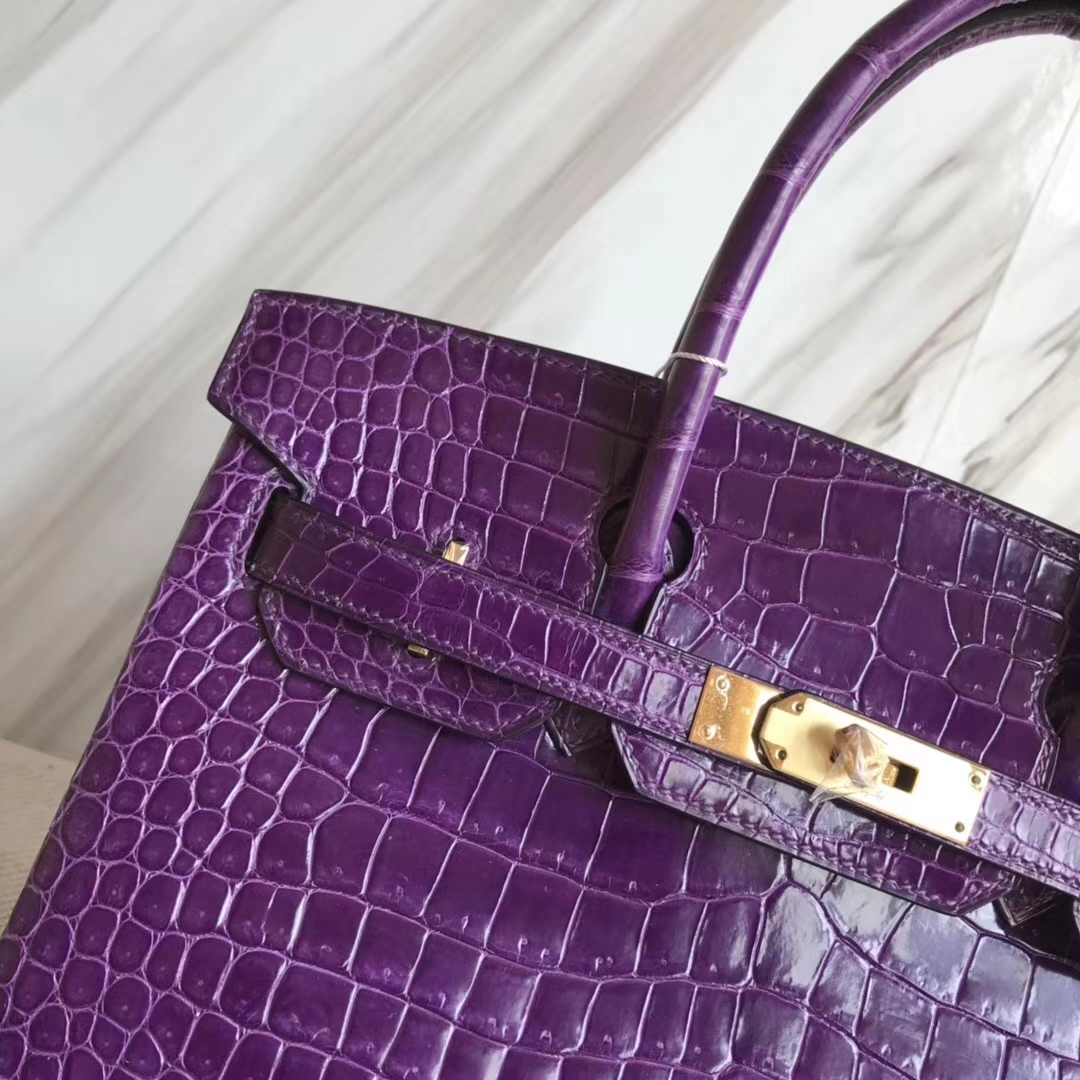 エルメスバーキンレディースバッグエルメスグレープパープルシャイニークロコダイルレザープラチナバッグBirkin30CMゴールドバックル