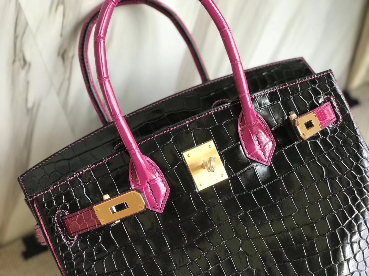 エルメスバーキンバッグエルメスシャイニーベイクロコダイルレザープラチナバッグBirkin30CMCK89ブラック/J5アラビアンナイトピンクパープル