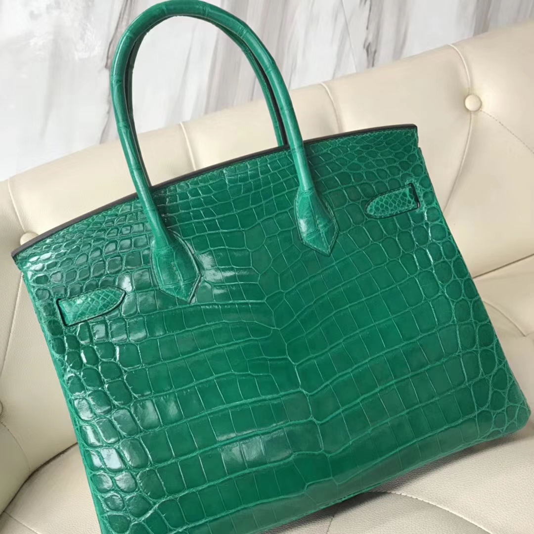 エルメスバーキンレディースバッグエルメスシャイニークロコダイルレザープラチナバッグBirkin30CM6Qエメラルドグリーンゴールドバックル