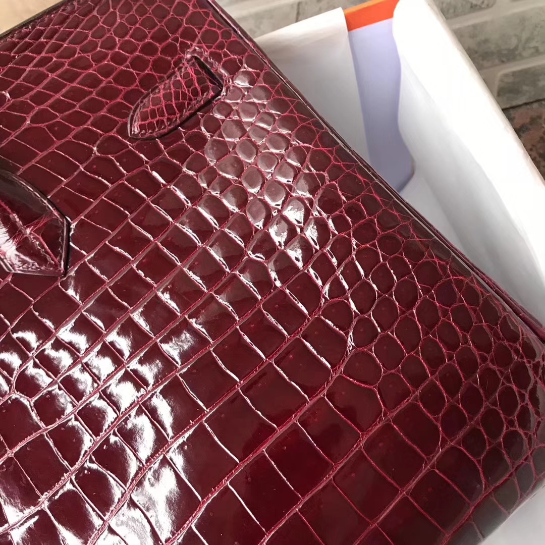 エルメスバーキンレディースバッグエルメスシャイニーベイクロコダイルレザープラチナバッグBirkin35CMF5ニューワインレッドシルバーバックル