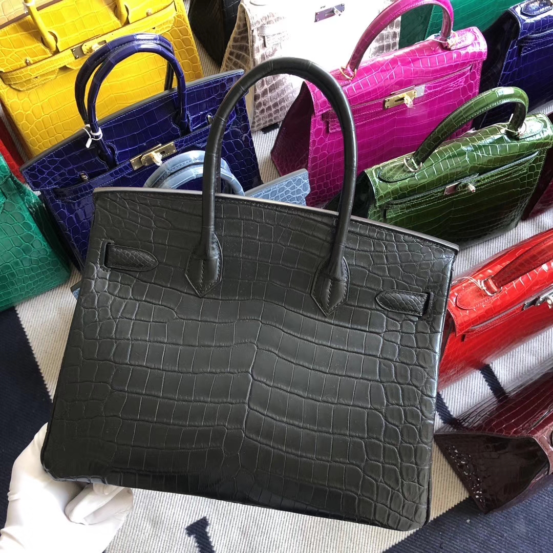 スポットエルメスBirkin30CMエルメスCK89ブラックマットクロコダイルレザープラチナバッグシルバーバックル