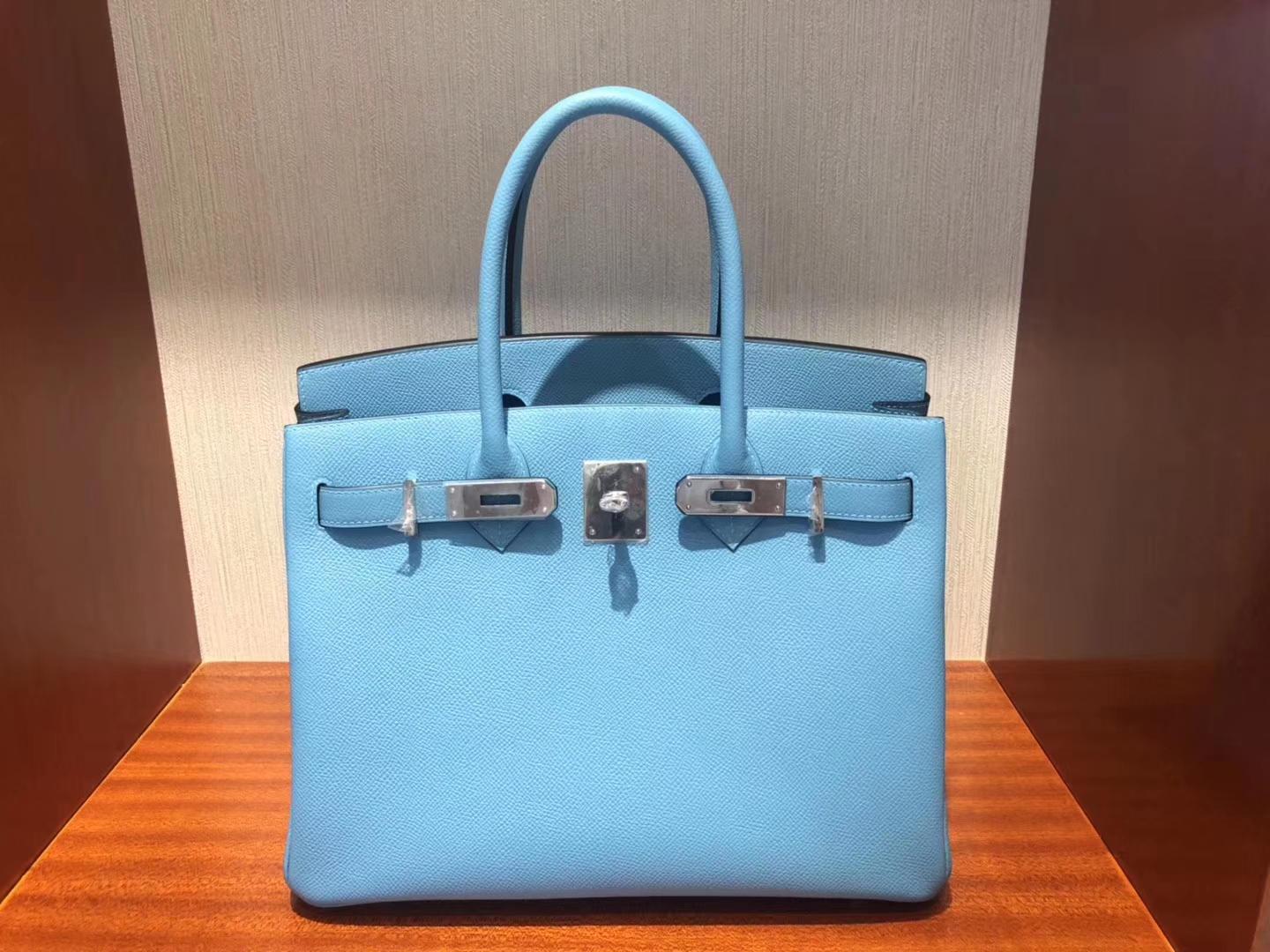 スポットエルメスエルメス2019最新カラーP3ノーザンブルーパームグレイン牛革プラチナバッグBirkin30CMシルバーバックル