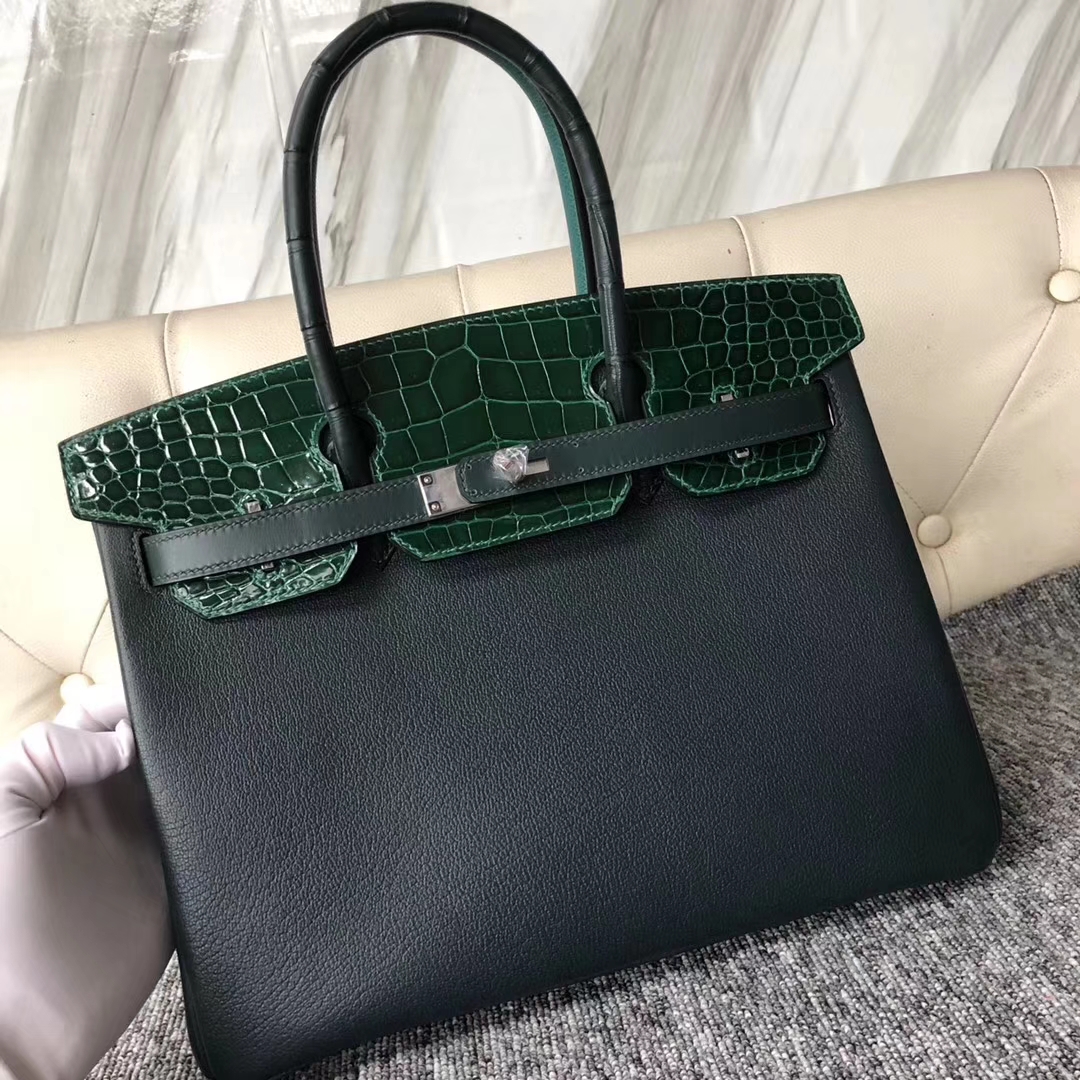 エルメスBirkin30CMエルメス限定8色マッチングクロコダイルレザーとヤギレザータッチシリーズプラチナバッグシルバーバックル