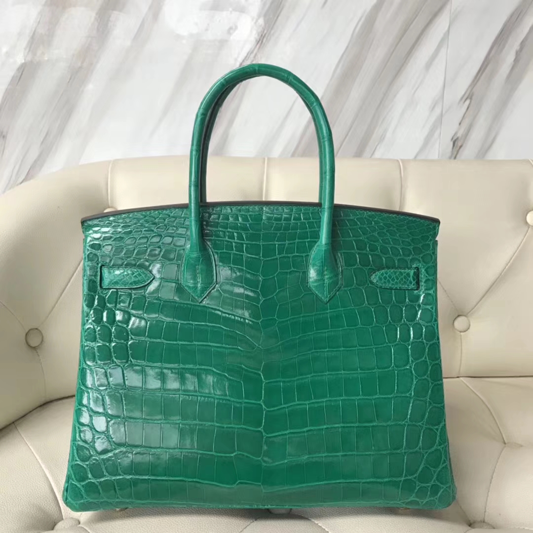 エルメスバーキンレディースバッグエルメスシャイニークロコダイルレザープラチナバッグBirkin30CM6Qエメラルドグリーンゴールドバックル