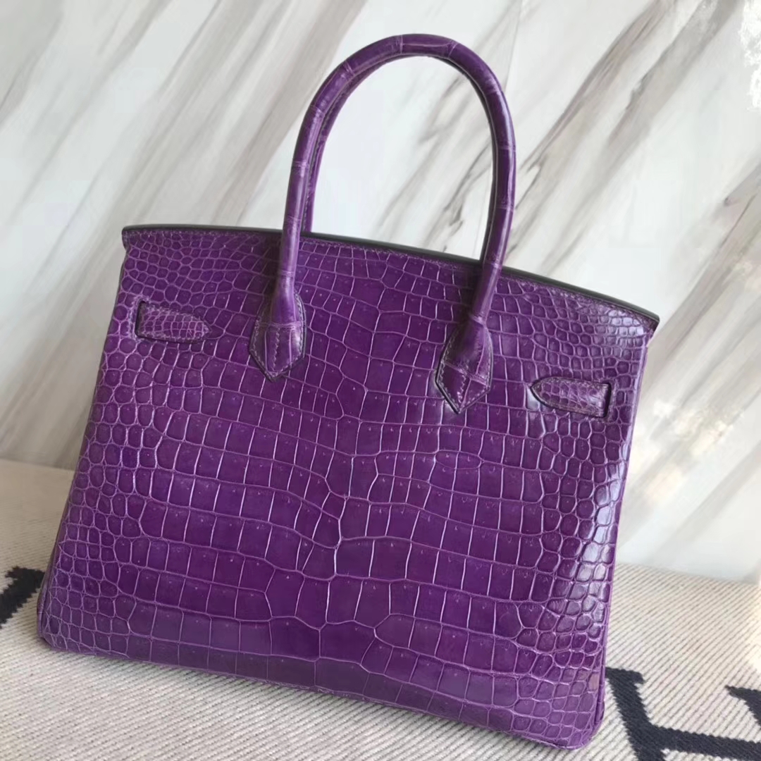 エルメスバーキンレディースバッグエルメスグレープパープルシャイニークロコダイルレザープラチナバッグBirkin30CMゴールドバックル