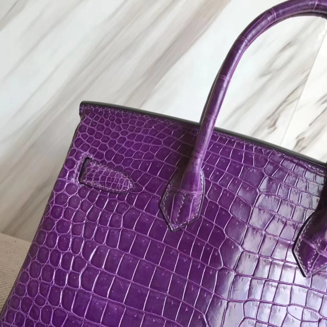 エルメスバーキンレディースバッグエルメスグレープパープルシャイニークロコダイルレザープラチナバッグBirkin30CMゴールドバックル