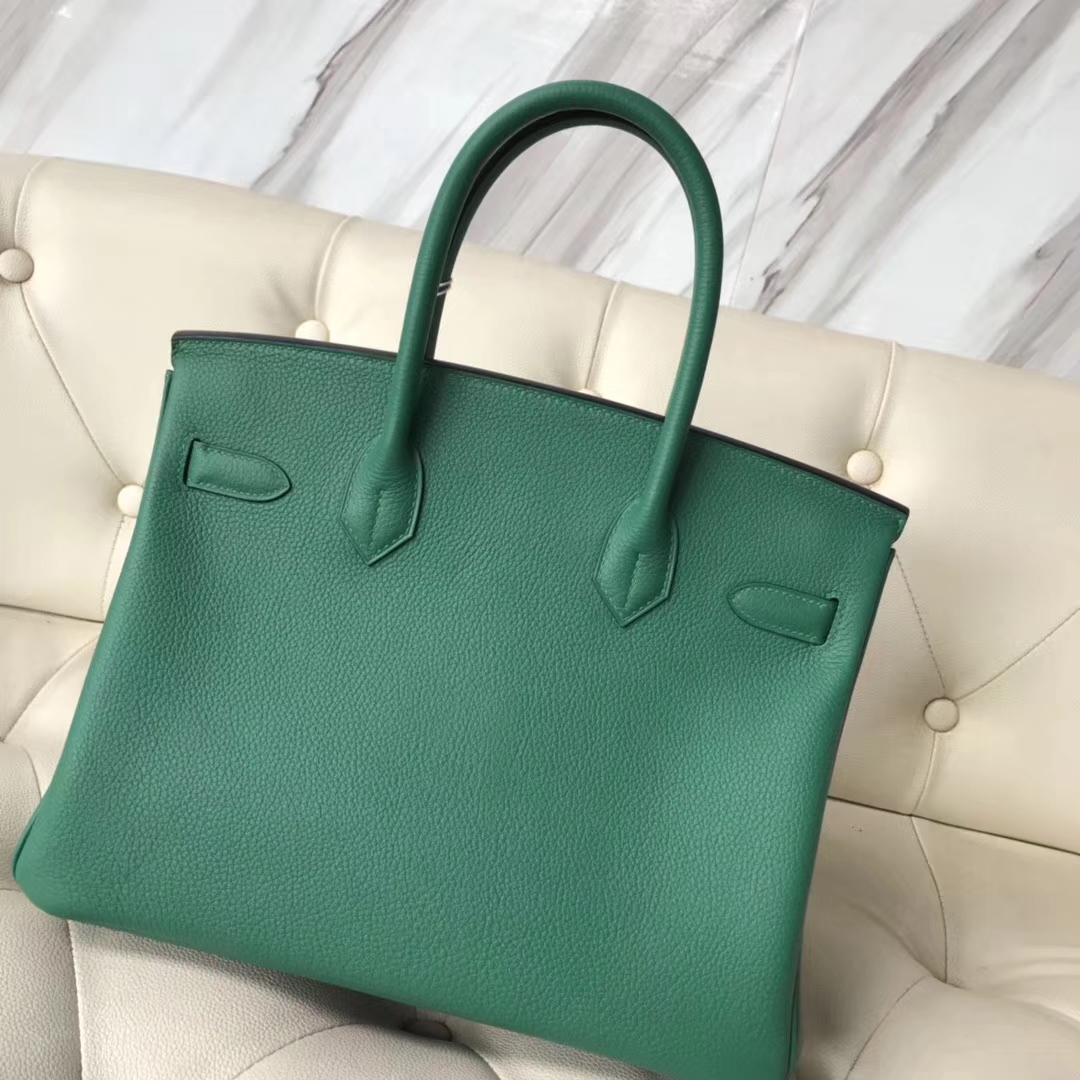 エルメスバーキンバッグエルメスオリジナルライチグレイン牛革プラチナバッグBirkin30CMU4ベルベットグリーンシルバーバックル