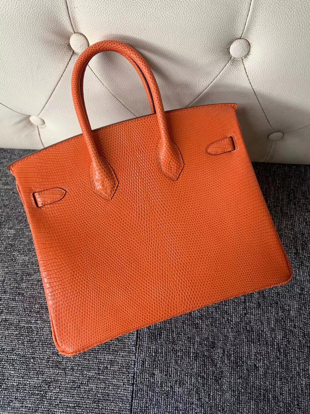 カスタムエルメスBirkin25CMエルメスオレンジ輸入シャイニーリザードスキンプラチナシルバーバックル