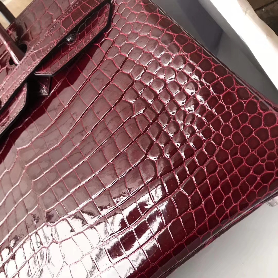 エルメスバーキンレディースバッグエルメスシャイニーベイクロコダイルレザープラチナバッグBirkin35CMF5ニューワインレッドシルバーバックル