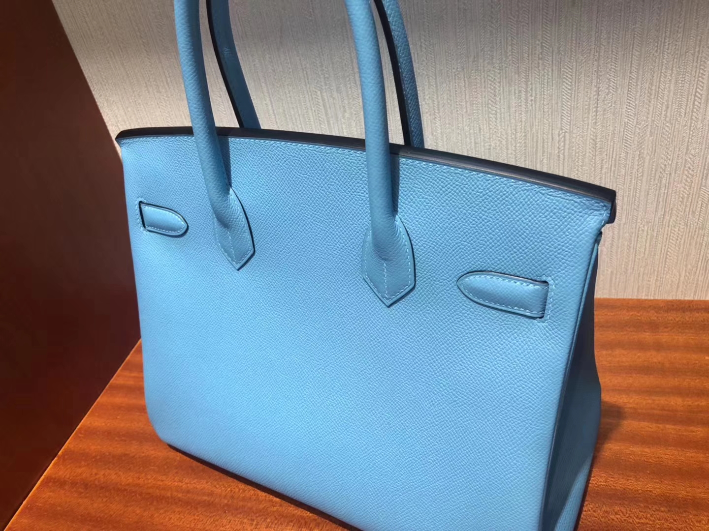 スポットエルメスエルメス2019最新カラーP3ノーザンブルーパームグレイン牛革プラチナバッグBirkin30CMシルバーバックル