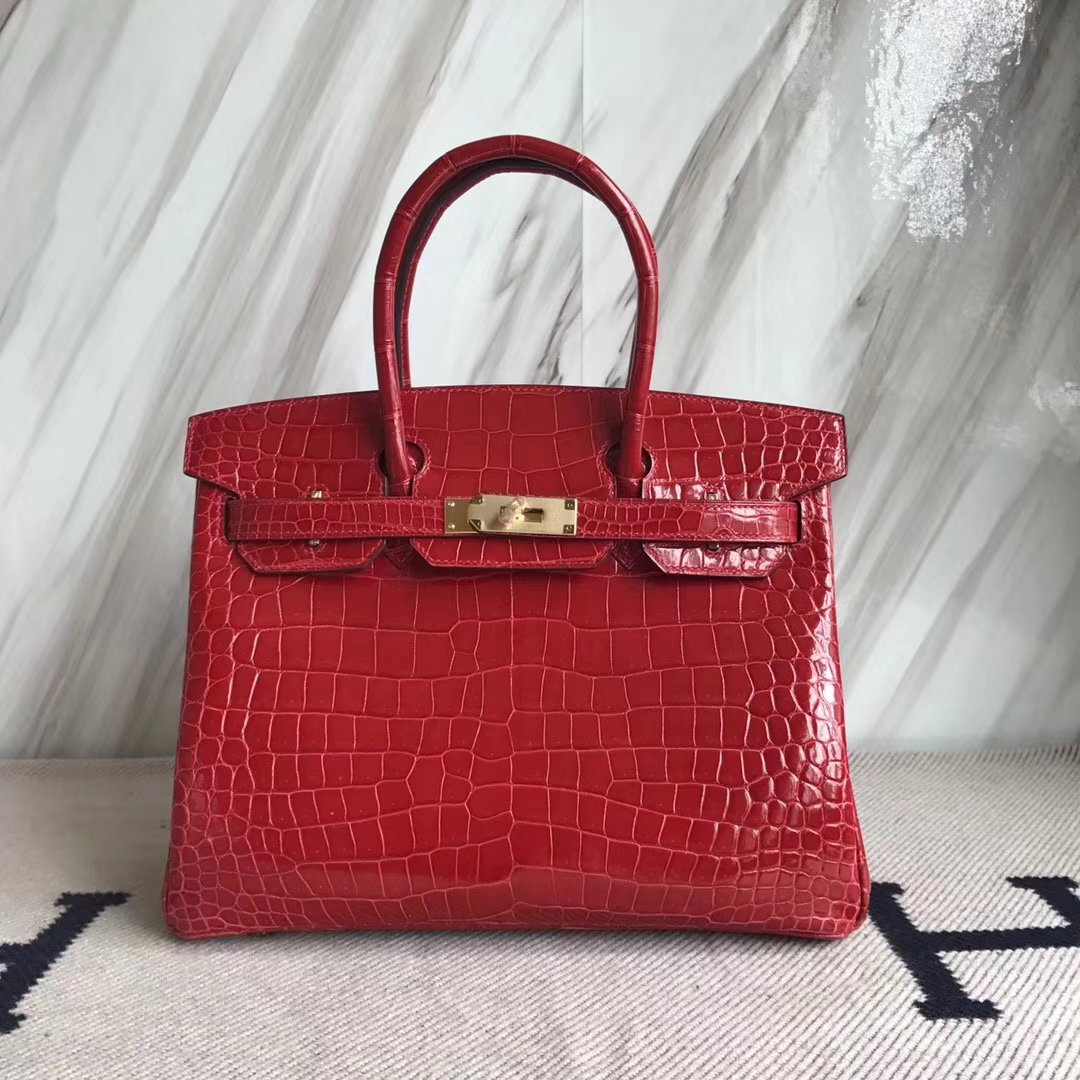 エルメスバーキンバッグエルメスシャイニークロコダイルレザープラチナバッグBirkin30CMCK95フェラーリレッドゴールドバックル