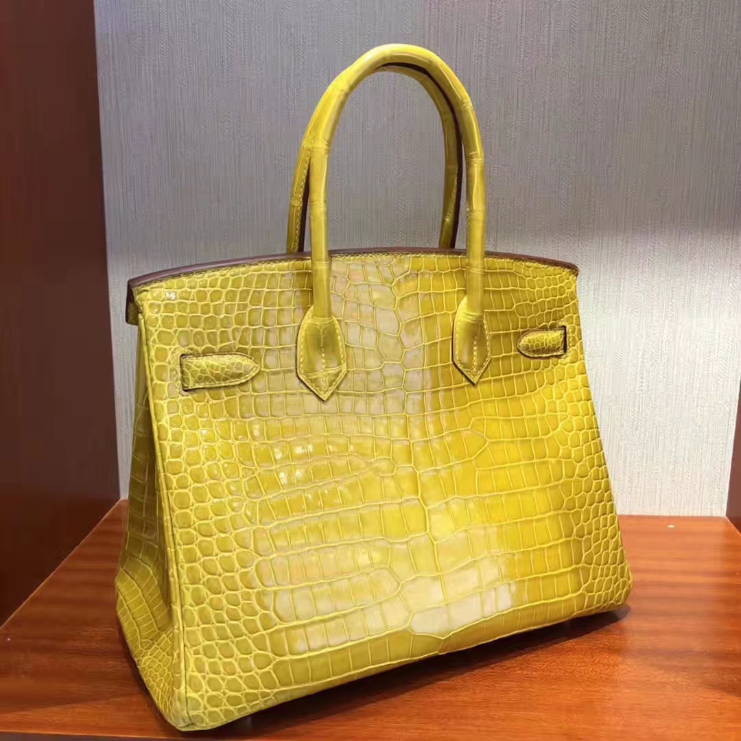 スポットエルメスBirkin30CMエルメス9D琥珀色黄色明るいクロコダイルレザープラチナバッグゴールドバックル