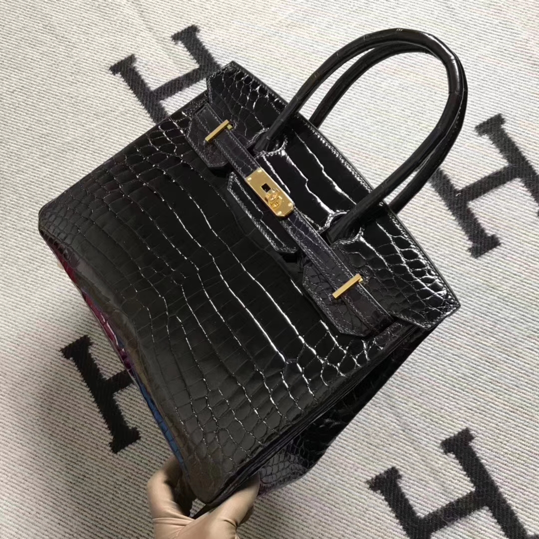 エルメスクラシックレディースバッグエルメスブラック輸入トップクロコダイルレザープラチナバッグBirkin30CMゴールドバックル