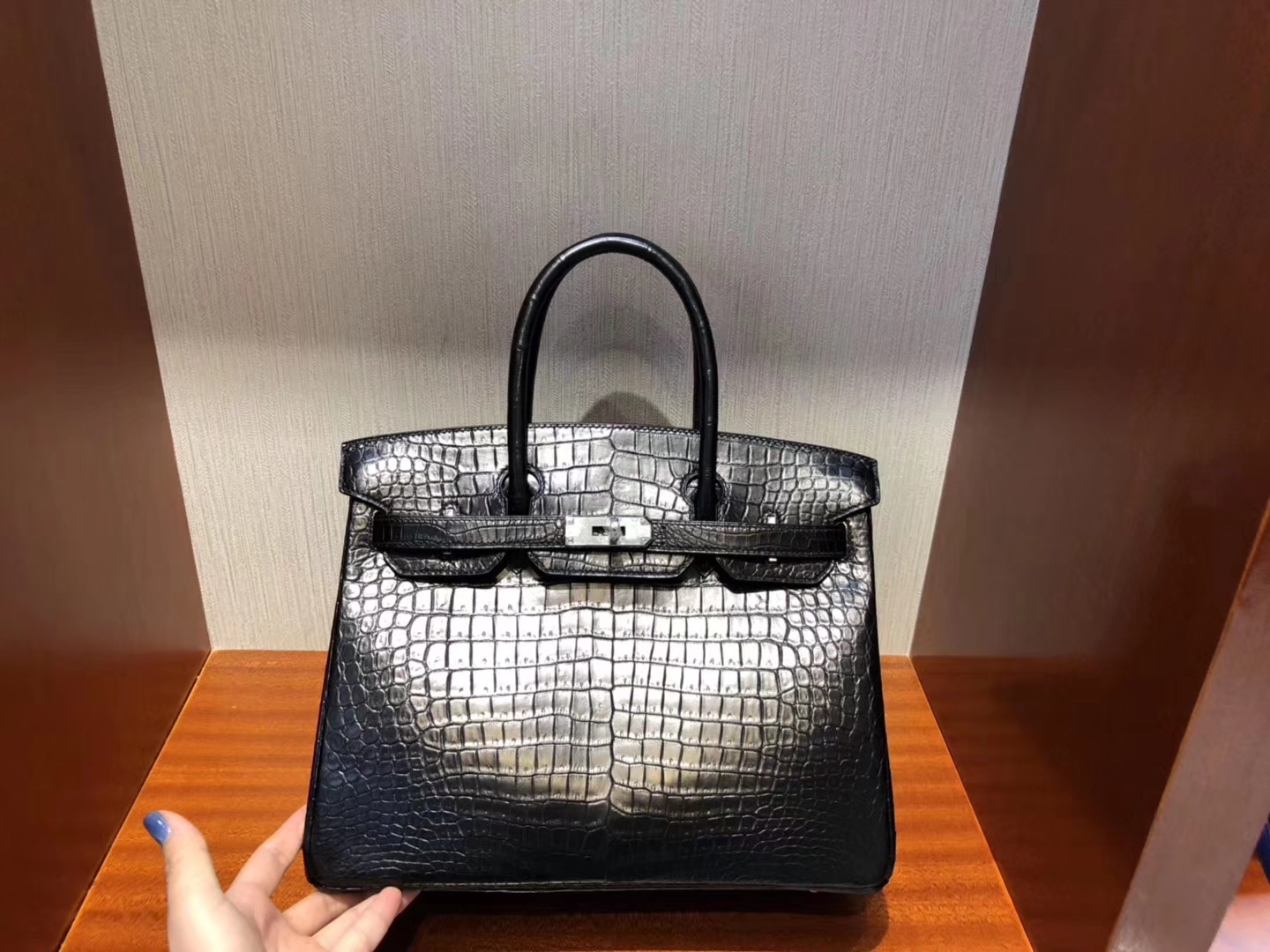 スポットエルメスバーキンバッグエルメスマットクロコダイルレザープラチナバッグBirkin30CMck89ブラックシルバーバックル