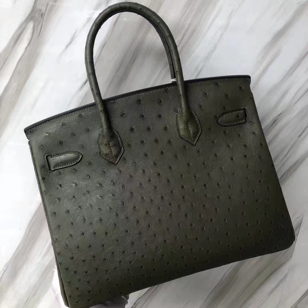 カスタマイズされたエルメスバーキンバッグエルメスオリジナルKKオーストリッチレザープラチナバッグBirkin30CMV6ジャングルグリーンゴールドバックル