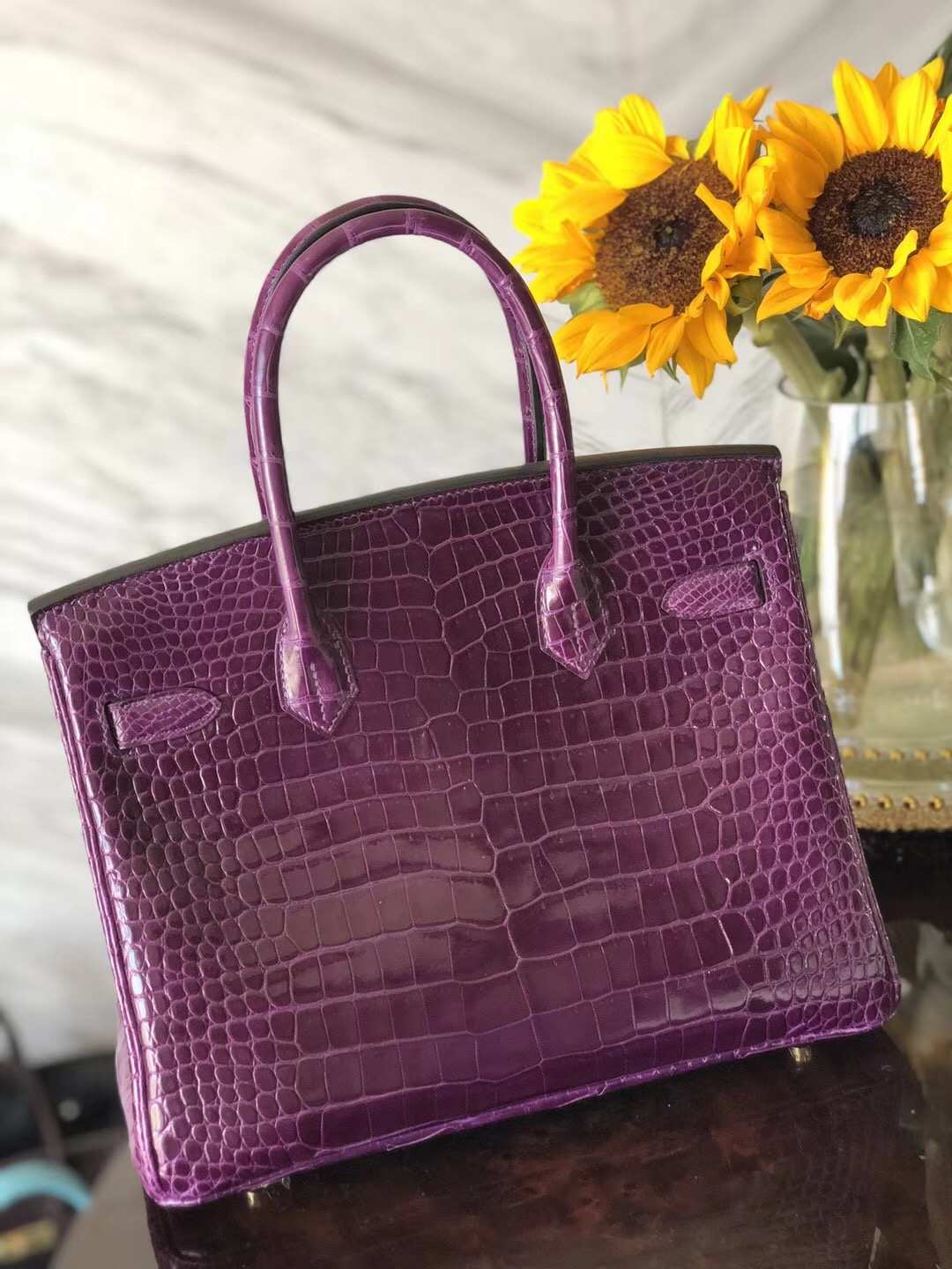 エルメスバーキンバッグエルメスオリジナルクロコダイルレザー9GクリスタルパープルプラチナバッグBirkin30CMゴールドバックル