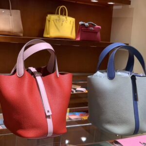 ピコタン展示｜エルメスカラーブロックピコチンバッグエルメスカラーブロッククレマンスレザーベジタブルバスケットバッグ18/22CMシルバーバックル