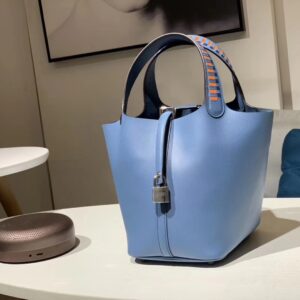 ピコタン展示|エルメスベジタブルバスケットバッグエルメスオニキスブルーエプソムレザー編組ハンドルバケットバッグシルバーバックル