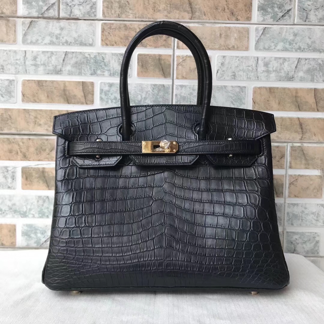 エルメスバーキンバッグエルメス輸入マットクロコダイルレザーBirkin30プラチナバッグCK89ブラックゴールドバックル