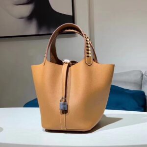 ピコタン展示｜エルメスピコチン18/22CMエルメスCK37ゴールデンブラウンエプソムレザー編組ハンドルバケットバッグシルバーバックル