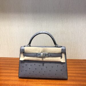 ミニケリー展示|エルメスミニケリーバッグ2世代エルメス瑪瑙グレーKKオーストリッチレザーMinikelly2世代シルバーバックル