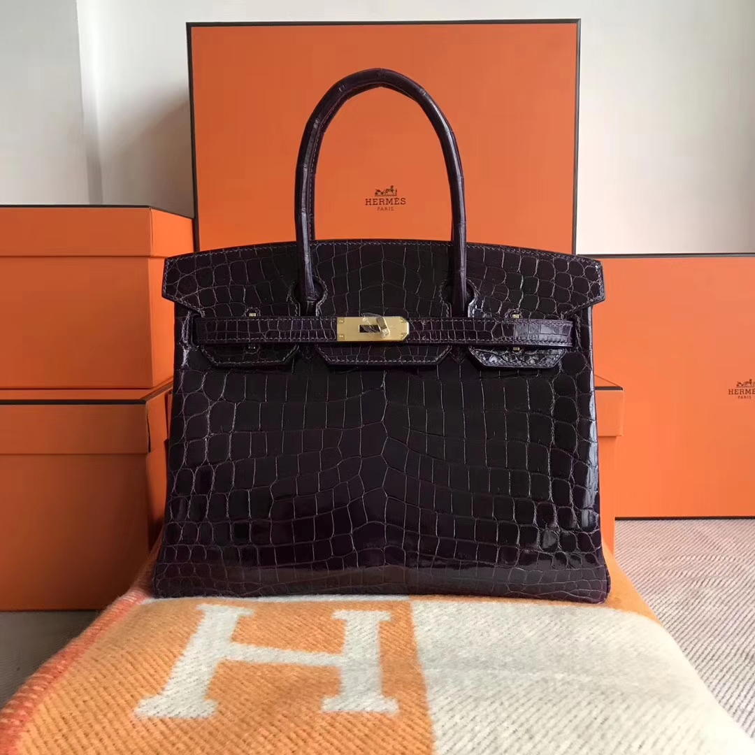 エルメスバッグ卸売エルメス9Gクリスタルパープル光沢のあるクロコダイルレザープラチナバッグBirkin30CMゴールドバックル