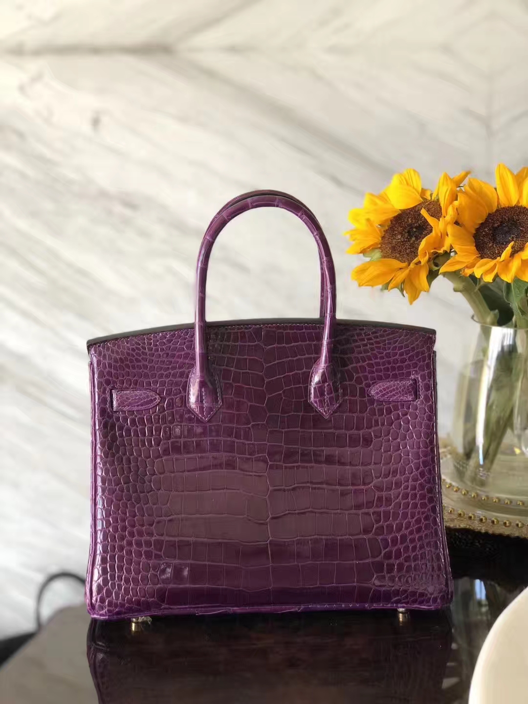 エルメスバーキンバッグエルメスオリジナルクロコダイルレザー9GクリスタルパープルプラチナバッグBirkin30CMゴールドバックル