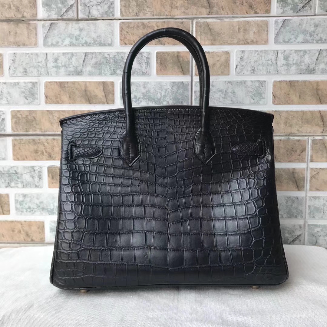 エルメスバーキンバッグエルメス輸入マットクロコダイルレザーBirkin30プラチナバッグCK89ブラックゴールドバックル