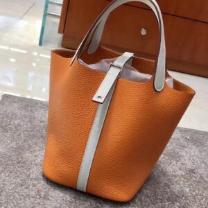 ピコタン展示｜エルメスピコチン18/22cmオレンジとパールグレークレマンスレザーバケットバッグシルバーバックル