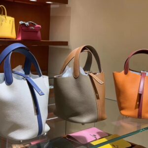 ピコタン展示|エルメスバケットバッグカラーブロックエルメスピコチン18/22CMクレマンスレザーカラーブロックベジタブルバスケットバッグシルバーバックル