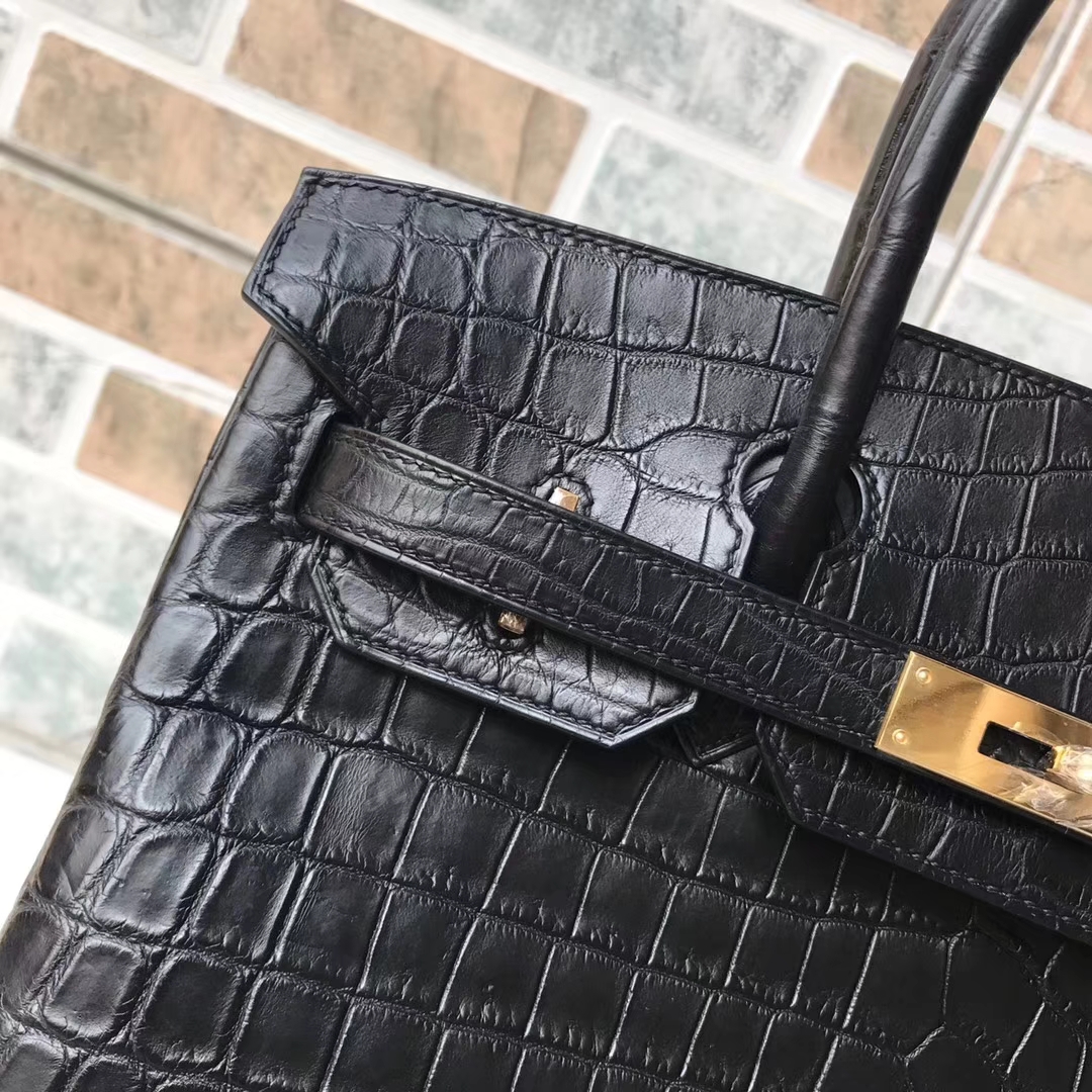 エルメスバーキンバッグエルメス輸入マットクロコダイルレザーBirkin30プラチナバッグCK89ブラックゴールドバックル