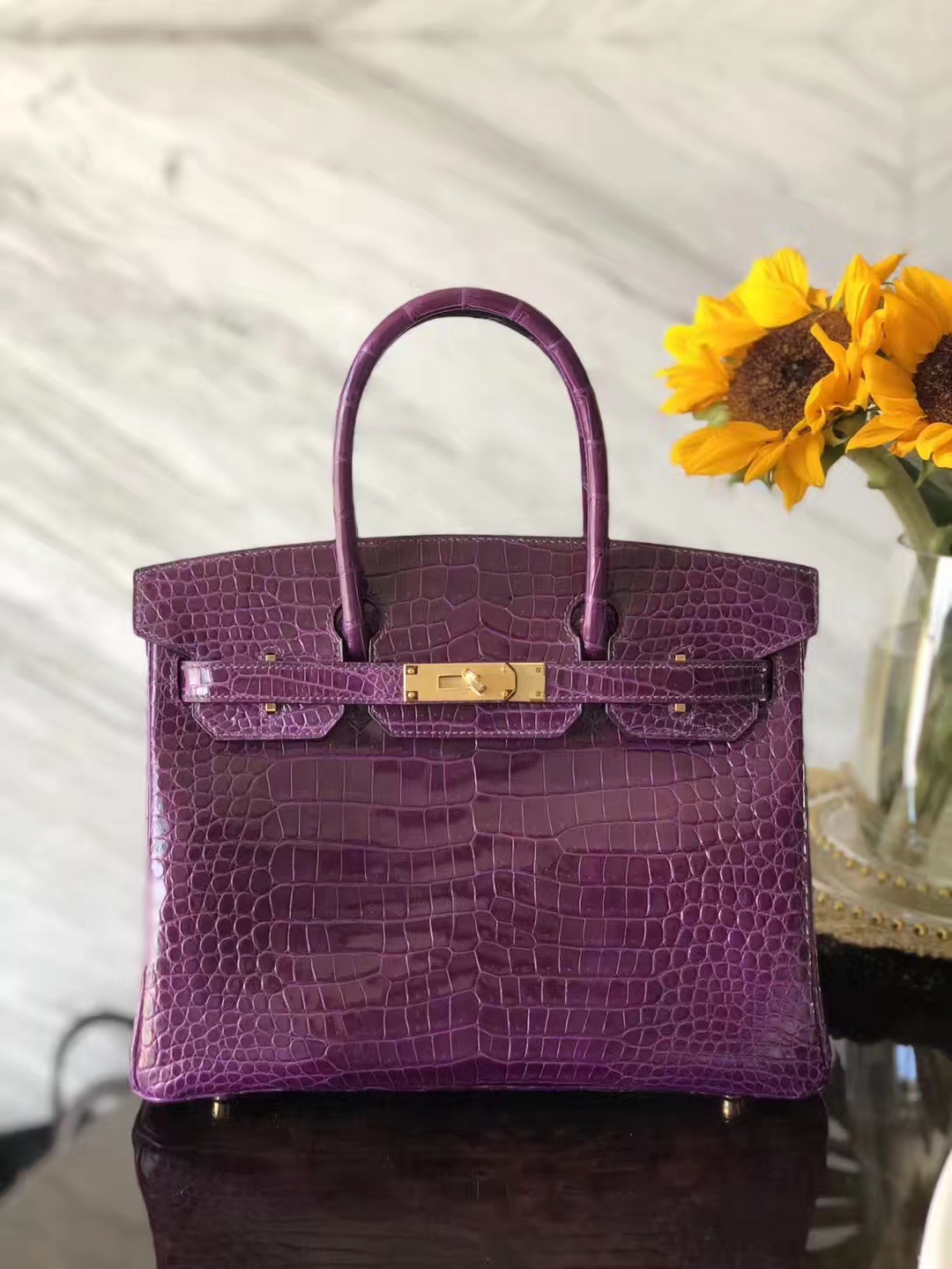 エルメスバーキンバッグエルメスオリジナルクロコダイルレザー9GクリスタルパープルプラチナバッグBirkin30CMゴールドバックル