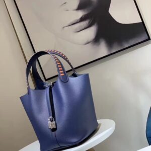 ピコタン展示｜エルメスベジタブルバスケットバッグ編組ハンドルエルメスピコチン18/22CM7Kサファイアブルーエプソムレザーシルバーバックル