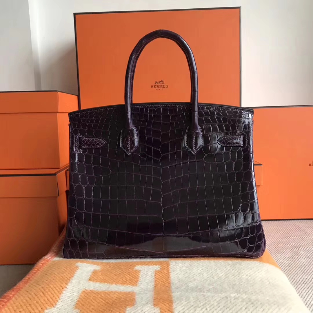 エルメスバッグ卸売エルメス9Gクリスタルパープル光沢のあるクロコダイルレザープラチナバッグBirkin30CMゴールドバックル