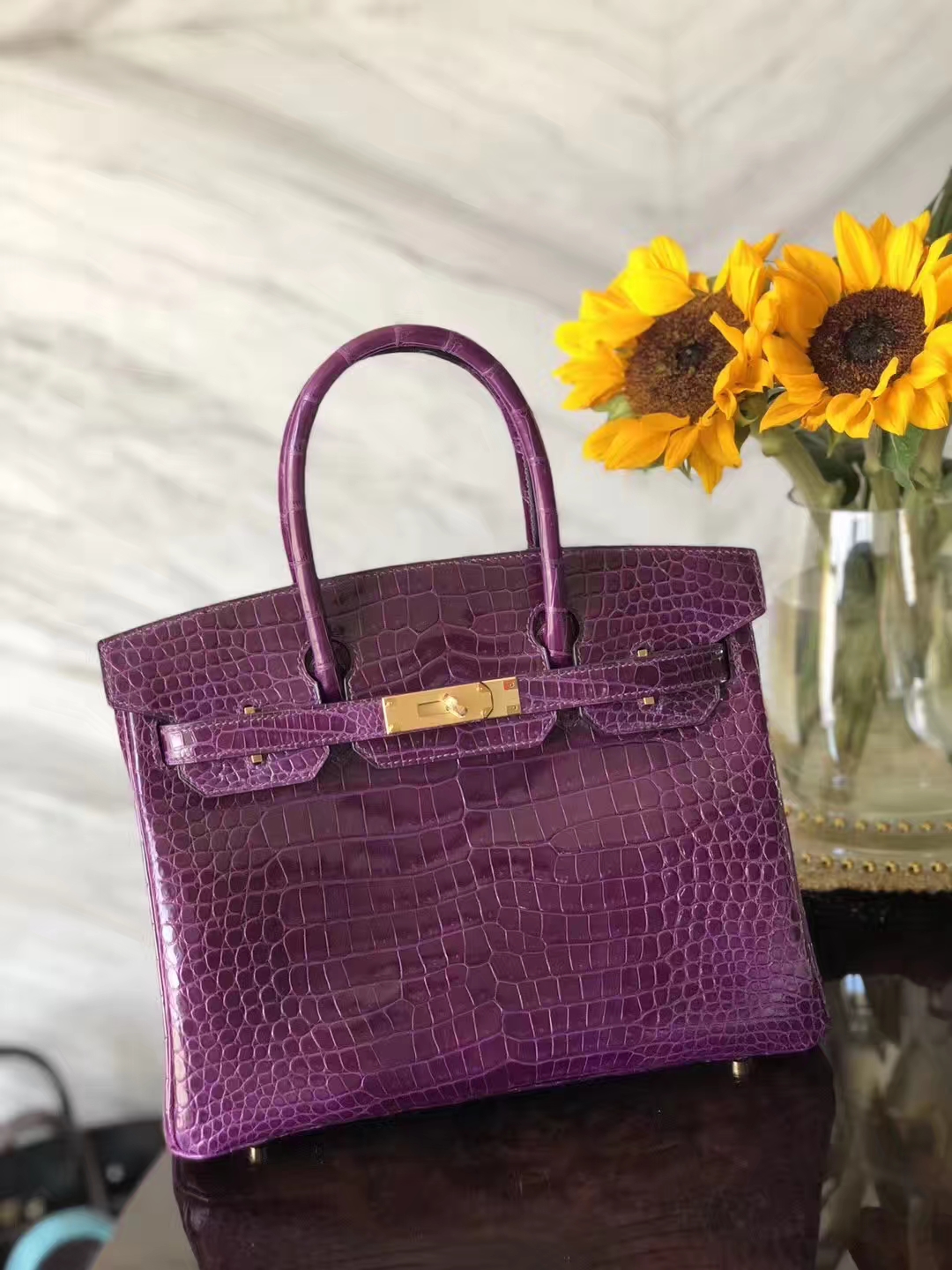 エルメスバーキンバッグエルメスオリジナルクロコダイルレザー9GクリスタルパープルプラチナバッグBirkin30CMゴールドバックル