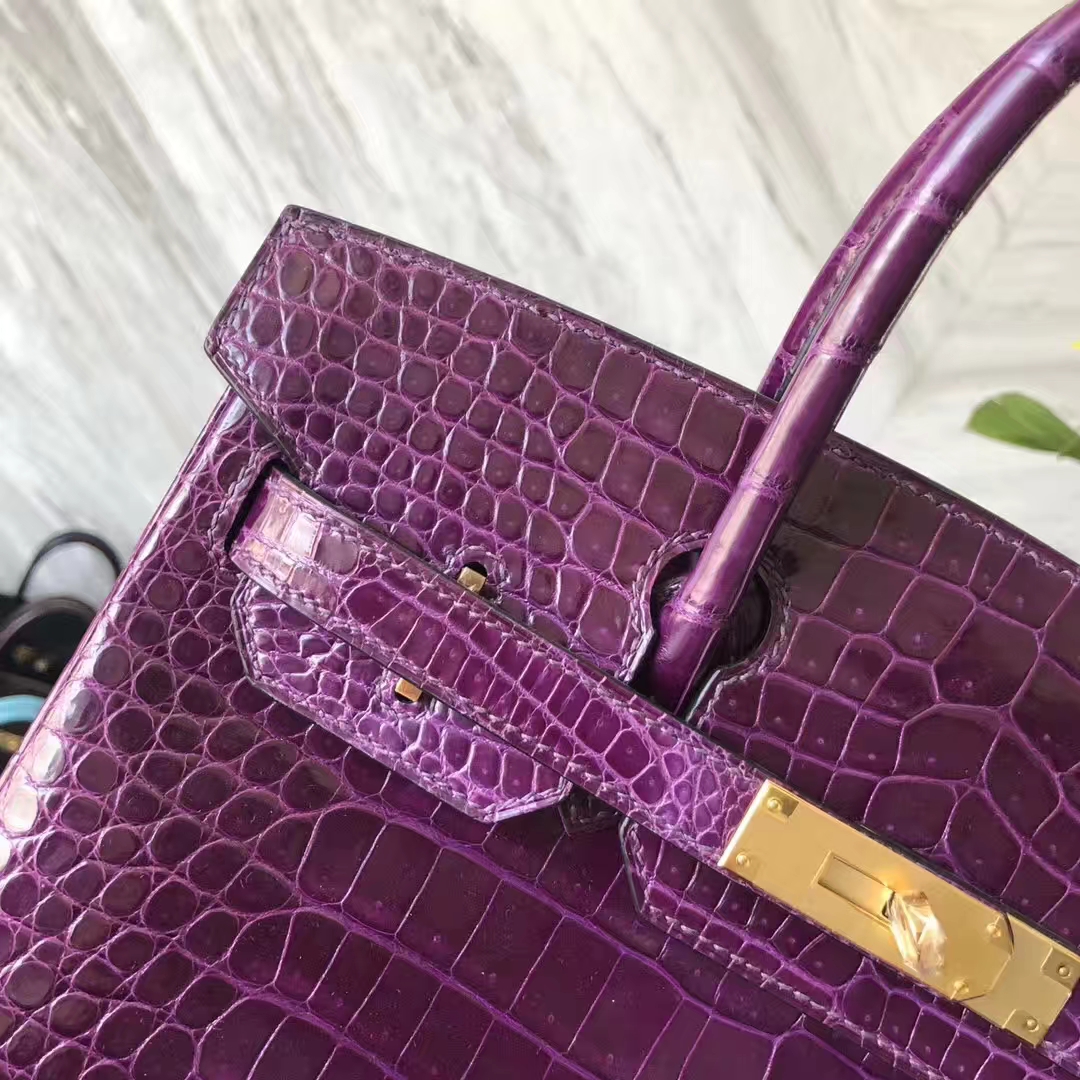 エルメスバーキンバッグエルメスオリジナルクロコダイルレザー9GクリスタルパープルプラチナバッグBirkin30CMゴールドバックル