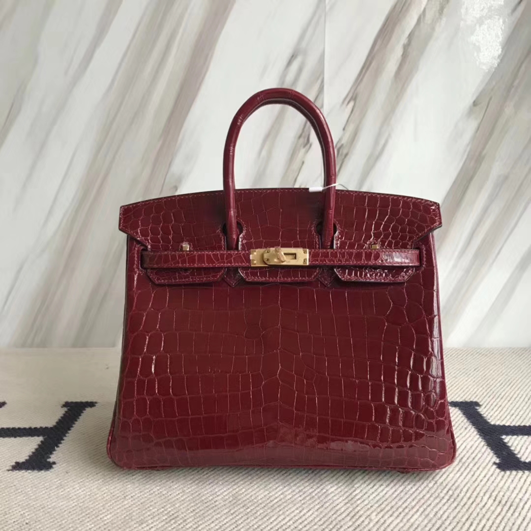 エルメスバーキンバッグエルメスシャイニークロコダイルレザープラチナバッグBirkin25CMF5ブルゴーニュワインレッドゴールドバックル