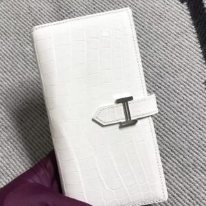 財布・小物展示|エルメスベアンウォレットエルメスピュアホワイト輸入マットクロコダイルレザーHバックルウォレットハンドバッグシルバーバックル