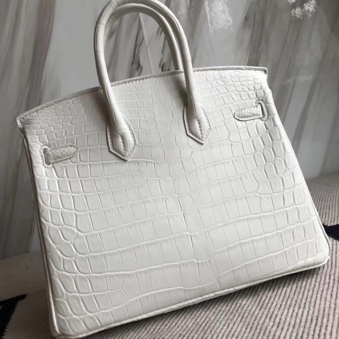 エルメスBirkin25CMエルメス輸入マットクロコダイルレザープラチナバッグ01ピュアホワイトシルバーバックル