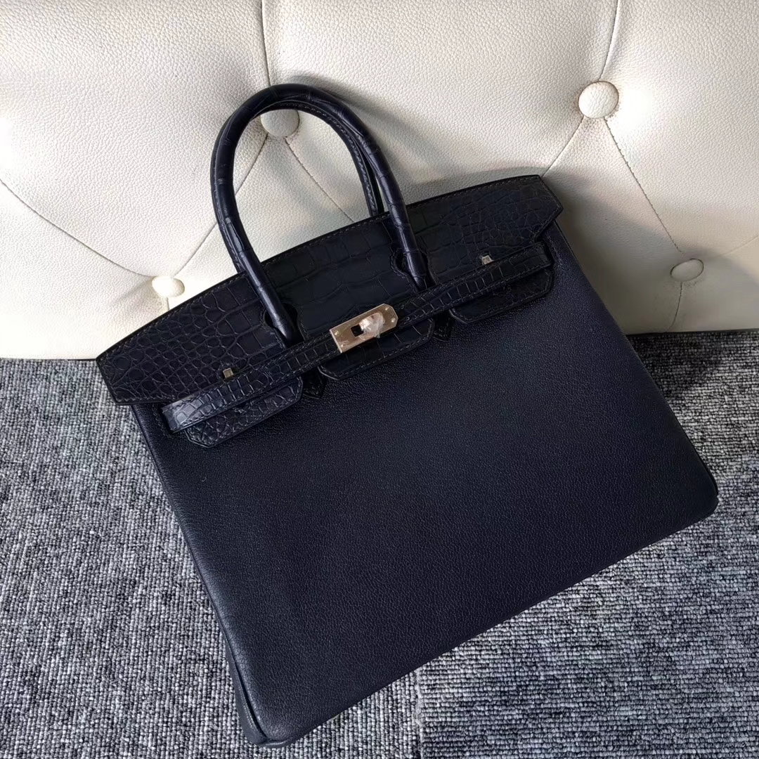 スポットエルメスタッチシリーズプラチナバッグエルメスディープシーブルークロコダイルレザーとヤギレザーBirkin25CMローズゴールドバックル