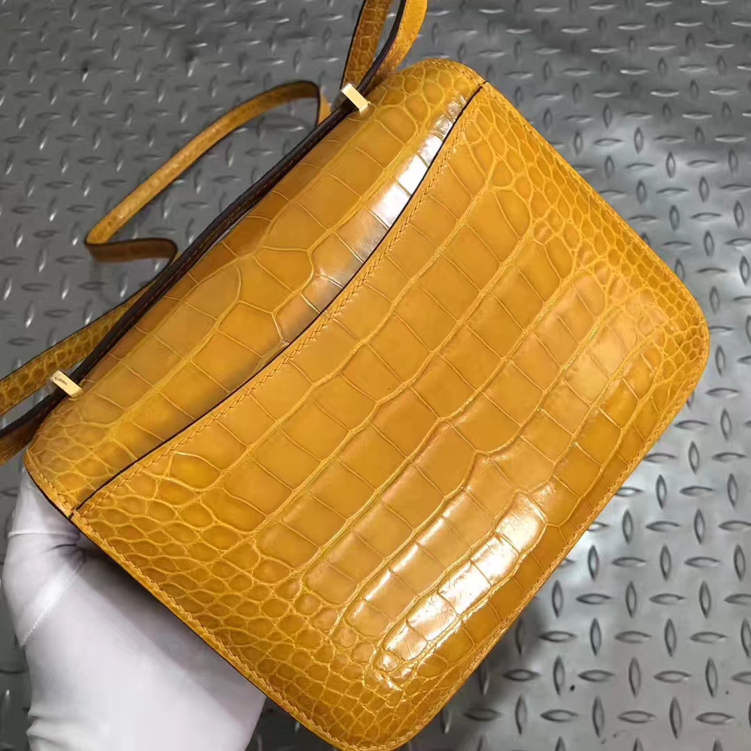 スポットエルメスコンスタンスバッグ18CMエルメスシャイニークロコダイルスキンコンスタンスバッグ9Dアンバーゴールドバックル