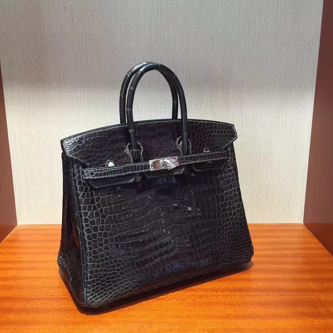 エルメスバーキンバッグエルメスオリジナルシャイニークロコダイルレザープラチナバッグBirkin25CMCK88グラファイトグレーシルバーバックル