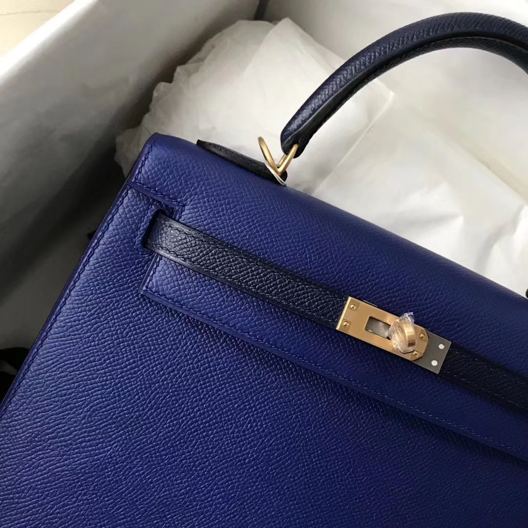 エルメスケリーウィメンズバッグエルメスケリー25CM7Tエレクトリックブルー/ダークブルーカラーブロックケリーゴールドバックル