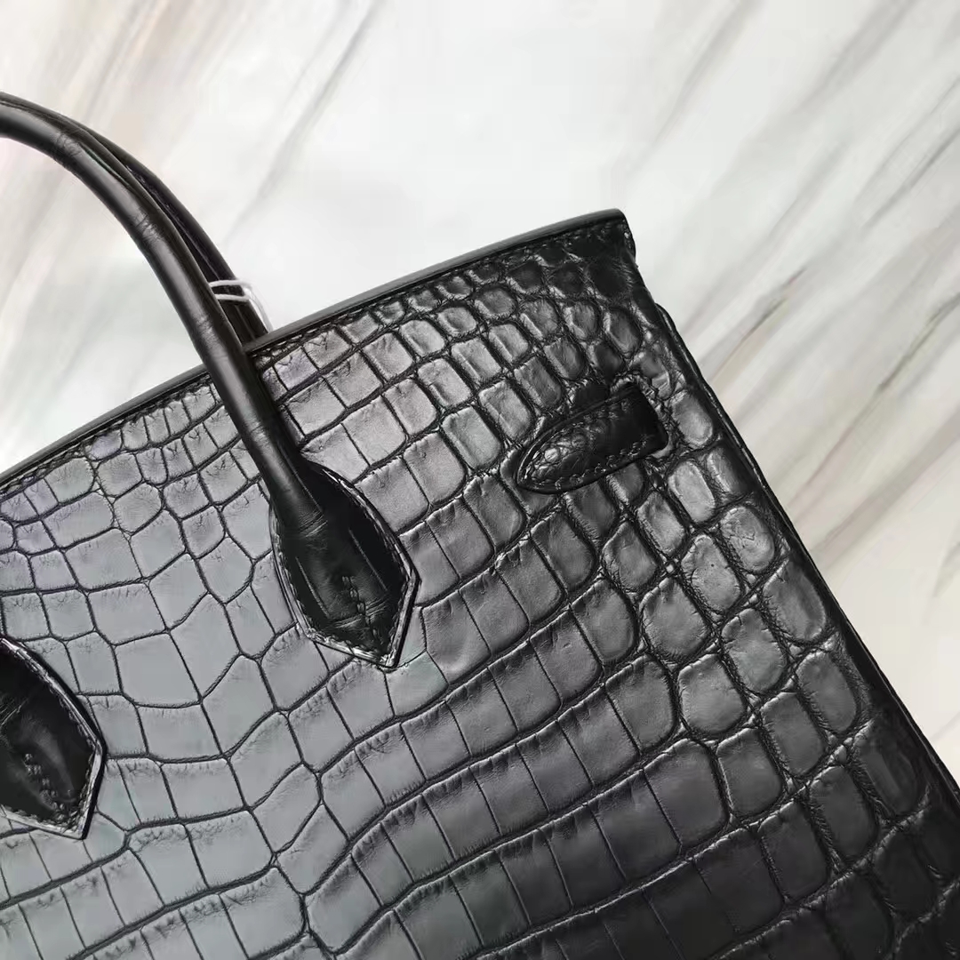 スポットエルメスバーキンレディースバッグエルメスマットクロコダイルレザーCK89ブラックプラチナバッグBirkin25CMシルバーバックル