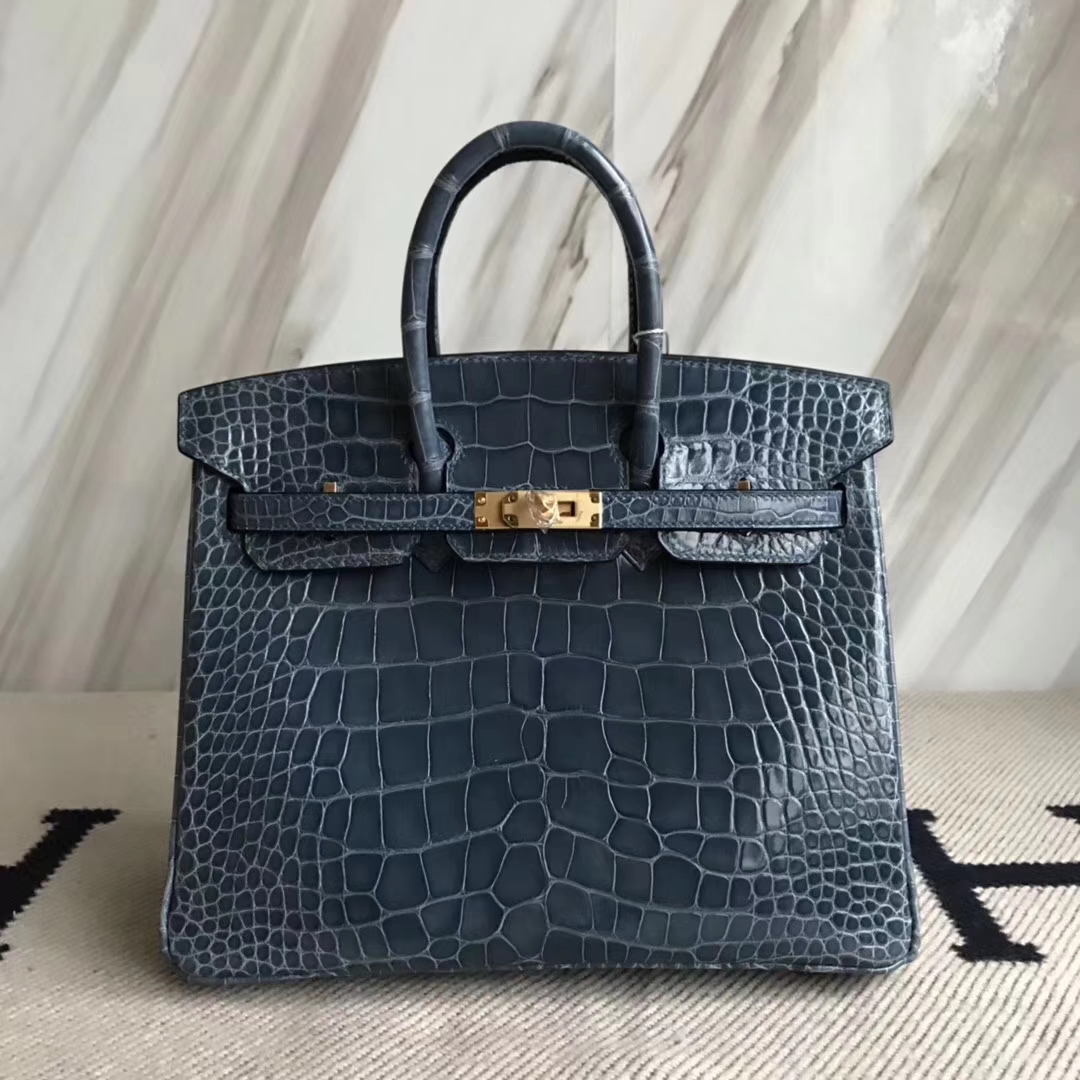 広州バッグ卸売エルメス1Pダックブルー光沢のあるクロコダイルレザープラチナバッグBirkin25CMゴールドバックル