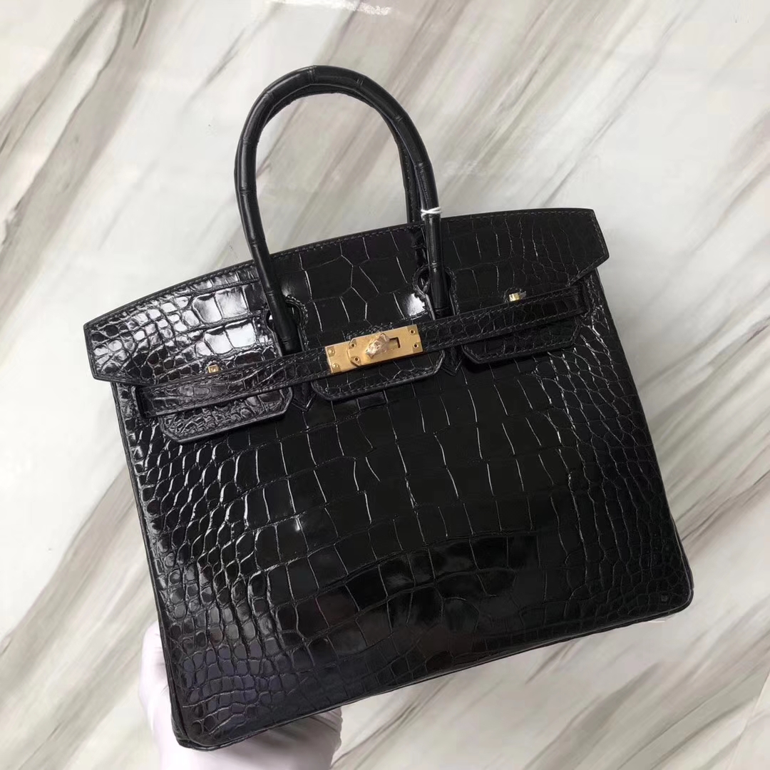 スポットエルメスバーキンレディースバッグエルメスシャイニークロコダイルレザープラチナバッグBirkin25CMck89ブラックゴールドバックル