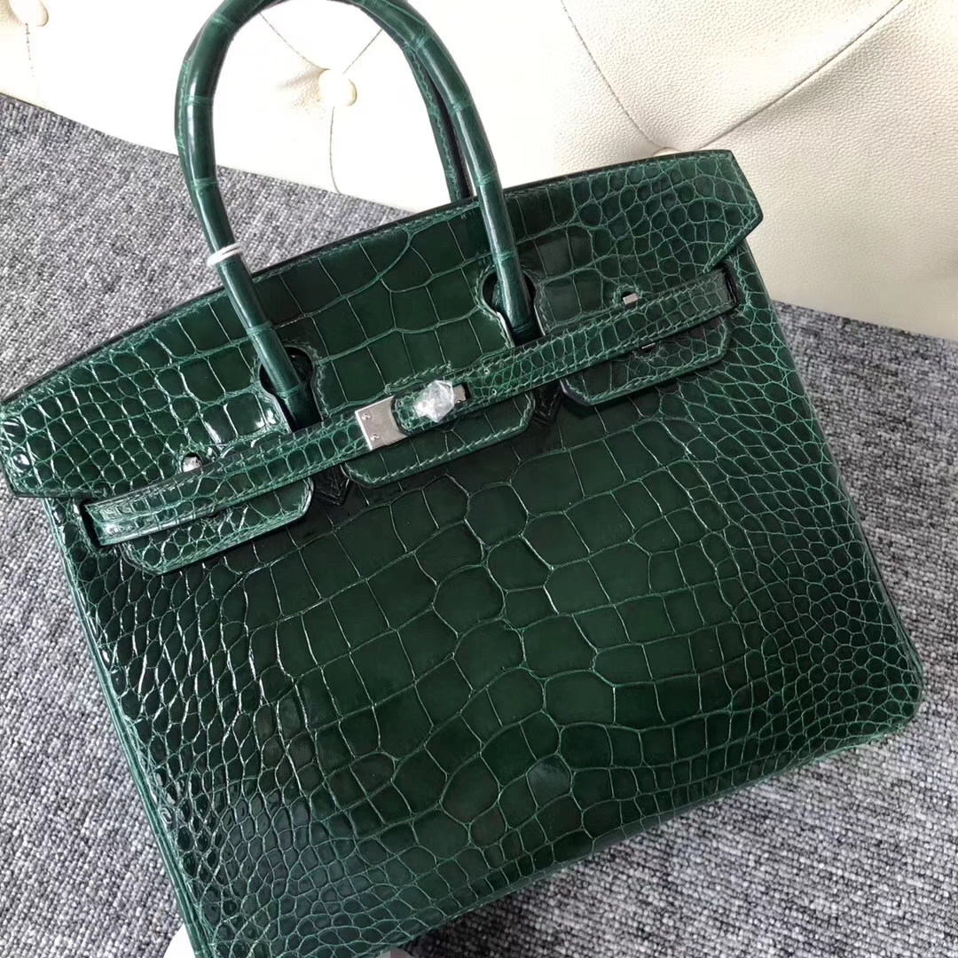 スポットエルメスバッグ公式サイトエルメスシャイニークロコダイルレザーBirkin25プラチナバッグCK67エメラルドシルバーバックル