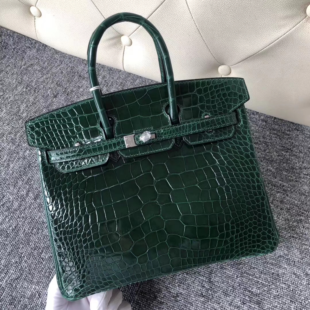 スポットエルメスバッグ公式サイトエルメスシャイニークロコダイルレザーBirkin25プラチナバッグCK67エメラルドシルバーバックル